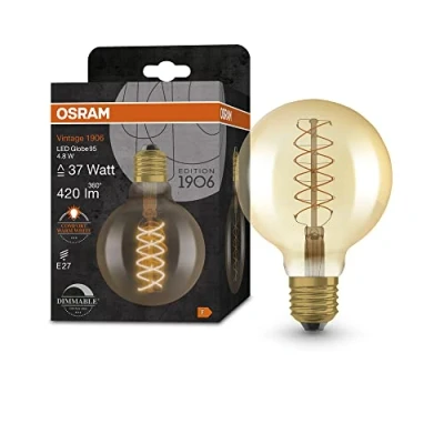 Imagen de OSRAM Lámpara LED Vintage 1906 dorada, 4,8 W, 420 lm, forma de globo con 125 mm diámetro y casquillo E27, luz blanca cálida, filamento en espiral, regulable, vida útil hasta 15 000 horas
