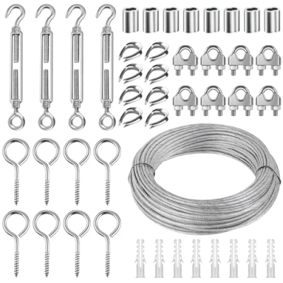 Imagen de 30m Cable de Acero Inoxidable, 45 Piezas 3mm Kit Cuerda Alambre con Tensores, Inoxidable para Colgar Luces Tendedero Soporte Planta