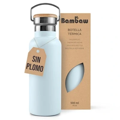 Imagen de Bambaw Botella térmica 500ml, agua Azul claro, acero inoxidable gimnasio, gym, Termo caliente y fría celeste