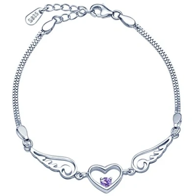 Imagen de Infinite U Pulsera de plata ley 925 alas ángel y corazón para mujer Circonita morada Dobles cadenas con extensión