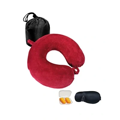 Imagen de NavoX Almohada de Viaje,Almohada Viaje Cuello Espuma Memoria,cojin Viaje,Viene con Tapones para los oídos, Antifaz y Bolso,Ligera Camping, Coche, avión (Rojo)