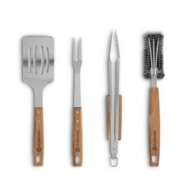 Imagen de BURNHARD Set de 4 Cubiertos para Barbacoa Acero Inoxidable y Madera Acacia Utensilios Accesorios Kit