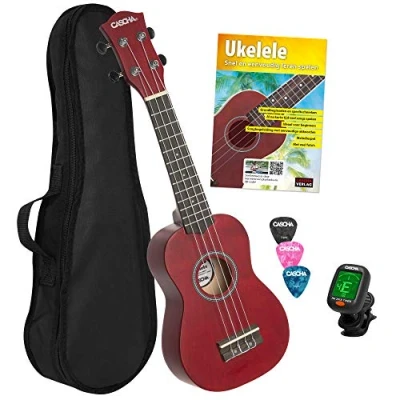 Imagen de CASCHA Set de ukelele soprano (incluye 3 púas, funda, libro aprendizaje con afinador DVD, cuerdas Aquila, nailon, guitarra Hawaii pequeña), color rojo