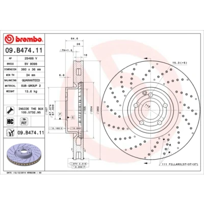Imagen de BREMBO COATED DISC LINE 09.B474.11 Disco de freno 360 36 5 perforado/ventil. int. revestido altamente carbonizado con tornillos