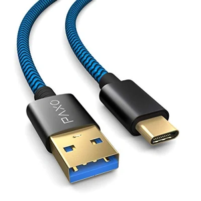 Imagen de PAXO cable de carga nylon 3 m para el mando Playstation 5, USB C, 3.1 (USB 3.0), carga, cubierta tela, enchufe aluminio, azul negro