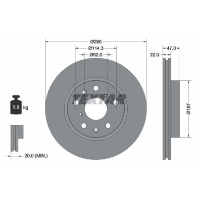 Imagen de TEXTAR 92156600 Disco de freno 280 22 05/09 114,3 ventilación interna sin perno sujeción rueda, buje rueda SUZUKI: SX4 I Hatchback