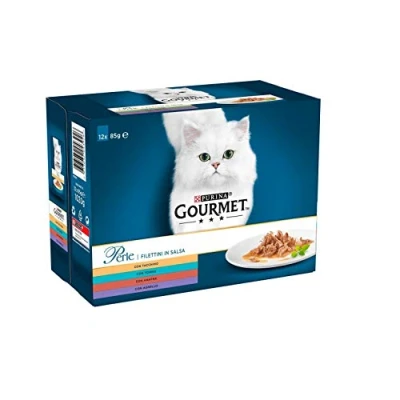Imagen de Purina Gourmet Perlas húmedas para Gatos, filetes de Salsa con Pavo, atún, Pato, Cordero, 72 Sobres 85 g Cada una (6 Paquetes 12 x g)