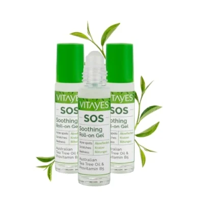 Imagen de Vitayes SOS Rodillo de aceite árbol té, vitamina B5, contra manchas acné, arañazos, inflamaciones la piel, bolígrafo roll on calmante, espinillas, piel impura, vegano, 3 unidades 10ml
