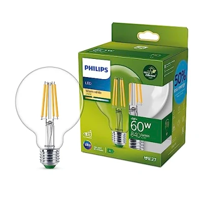 Imagen de Philips Bombilla LED Tipo Globo G95 Eficiente, Casquillo E27 4W, 840 Lúmens, Luz Blanca Cálida, 2700k, Clase Energetica A