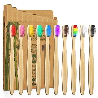 Imagen de Pack de 10 cepillos dientes bambú, cerdas del cepillo con carbón activo premium para una mejor limpieza, 100% libre BPA, sin plástico, vegano, respetuoso el medio ambiente