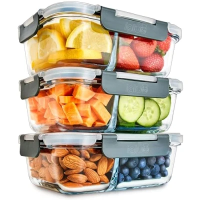 Imagen de Igluu Meal Prep Recipientes de vidrio 2 compartimentos con tapas herméticas SnapLock Almacenamiento control porciones Sin BPA Apto para microondas, lavavajillas y horno [set 3]