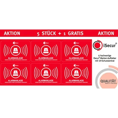 Imagen de iSecur 5 pegatinas con alarma I 6 x 4 cm adhesivo interior resistente a los rayos UV Advertencia sistema rojo hin_456