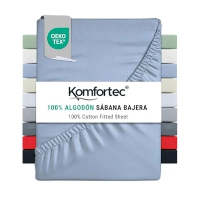 Imagen de Komfortec Sábana Bajera Ajustable (160 x 200 cm, 100% algodón), Color Azul Claro