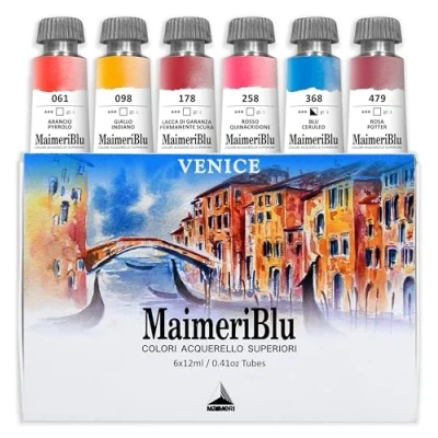 Imagen de Maimeri BLU, Acuarelas de Bellas Artes, Set Venecia, Caja cartón, Colores Surtidos, 6 Unidades 12ml, Multicolor, 12 ml