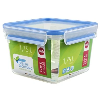 Imagen de Emsa Clip &amp; Close Conservador Hermético de Plástico Cuadrado, higiénico, no retiene olores ni sabores 100% Libre BPA, Transparente y Azul, 1.75 L (16.3 x 16.3 11 cm)