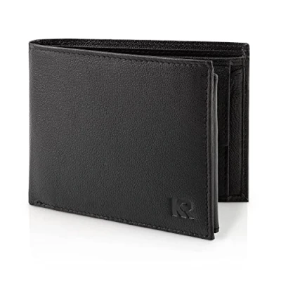 Imagen de KRONIFY Cartera para Hombres Billetera de Cuero Genuino con Protección RFID Compartimento Monedas 13 Compartimentos Tarjetas Costura Reforzada Formato Horizontal Nappa Negro