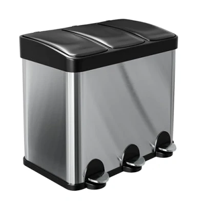 Imagen de Amig Cubo de Basura Triple con Pedales 45 litros, 3 Compartimentos Extraíbles 15 Reciclaje para Cocina, Acero inoxidable, 60 x 37 49 cm, Plateado