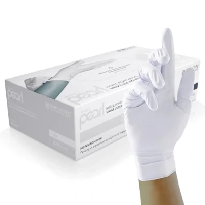 Imagen de UNIGLOVES White Pearl Guantes de examen nitrilo desechables multiuso, sin polvo y látex Caja 100 guantes, blancos, pequeños (GP0022)
