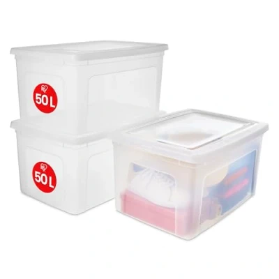 Imagen de Iris Ohyama 3 Cajas de Almacenaje Plástico Versátiles con Tapa, 50L, Transparente, Cierre fácil, Apilable, para Armario, Estante, Aula, Organizadora, Ropa, Zapatos, Libre BPA, MCB 50