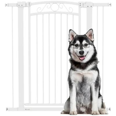 Imagen de PawHut Barrera para Perros Puerta 76 104 cm de Seguridad con 2 Extensiones 7/14 y Doble Bloqueo Escaleras Puertas Blanco