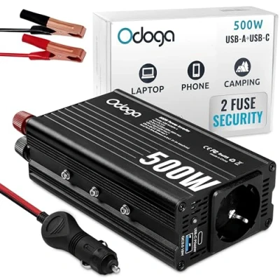 Imagen de Odoga Inversor 12v 220v Transformador 500W, Convertidor con Puertos USB a y C de 3A Adaptador Mechero Coche Enchufe Cargue Sus Dispositivos en Autocaravanas, Camper Furgoneta