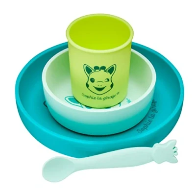 Imagen de SOPHIE la GIRAFE Set de comida silicona sopie, 1 plato, cuenco, vaso y una cuchara, apta para lavavajillas microondas, verde/azul, 480001