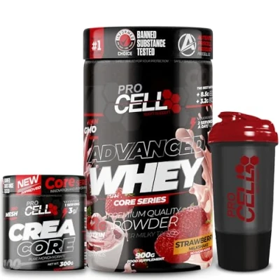 Imagen de ProCell PACK Whey Core + Crea 300gr Shaker REGALO proteina concentrada Gana masa muscular, en polvo Creatina monohidrato (900 gr, Strawberry Milkshake)