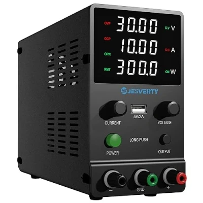 Imagen de Fuente de alimentación CC Variable, 0 30V 10A Banco Ajustable con Perilla codificadora, Control Salida, Pantalla LED 4 dígitos Alta precisión, Puerto USB 5V/2A