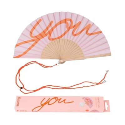 Imagen de Fisura Abanico original con mensaje “you. de madera moderno y colorido. Ventilador mano rosa naranja. Colgador incluido. Medidas: 42,5 x 23 cm