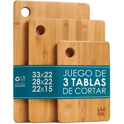 Imagen de Tablas de Cortar Cocina en Madera Premium Extra Gruesas Juego 3 Piezas Bambú Para Picar 33x22cm / 28x22cm 22x15cm Ideal Carnes, Verduras, Queso y Pan LARHN