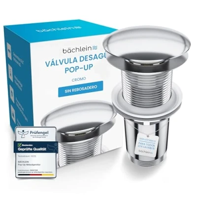 Imagen de Bächlein Desagüe Universal sin Rebosadero para Lavabo &amp; Lavamanos Válvula Pop Up Automática Cromada Incl. 3 Juntas Todo Tipo de Lavabos, Instalación con Instrucciones