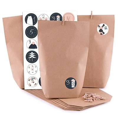 Imagen de pajoma Calendario de Adviento para Rellenar Sweety 24 Bolsas Papel estraza marrón, Regalo, Navidad, Juego Manualidades, Incluye Pegatinas números y Pinzas