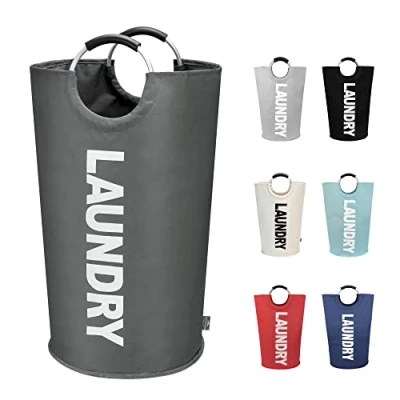 Imagen de DOKEHOM 90L Bolsas Cestos para la colada, Gran servicio de lavandería, plegable bolsa lavado ropa Bin (Gris Oscuro)