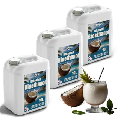 Imagen de Bioetanol 96,6% 30L Bio Alcohol Coco Aroma 3x10L para chimenea, chimenea de mesa, Combustión limpia, sin humo, llama viva