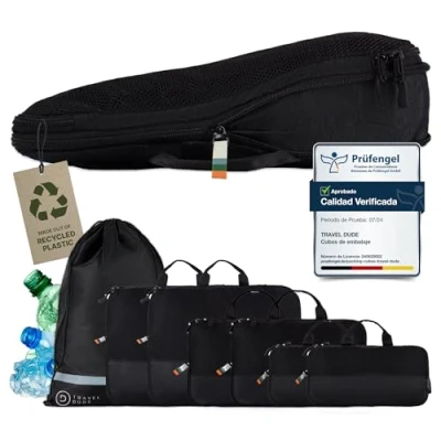 Imagen de TRAVEL DUDE Organizador de Maletas con Bolsas Compresión para Equipaje Botellas Plástico Recicladas Organizadoras Maleta Cubos empaque Todo negro, 4 piezas