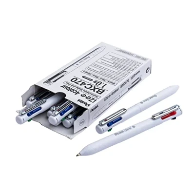 Imagen de Pentel iZee BXC470 W, 12 bolígrafos de 4 colores, tinta baja viscosidad negro, rojo, azul, verde, punta ancha 1 mm, cuerpo blanco