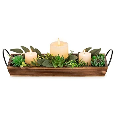Imagen de bandeja larga y estrecha de madera para velas: bandejas decorativas Hanobe soporte rectangular velas decoración del hogar, centro mesa, cafetería, sala estar