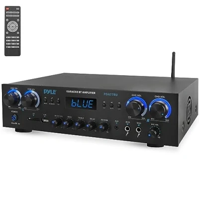 Imagen de Pyle Amplificador de Sonido, Cine en casa, 800W, Bluetooth, Estereo, para el hogar, 4 Canales, con MP3/USB/SD/AUX/RCA/FM, Microfono, Auriculares, Volumen LED