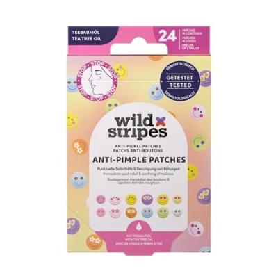 Imagen de Wild Stripes Anti Pimple Patches Smile Stop Parches de hidrocoloide con aceite árbol té para cuidado rápido y efectivo Antiacné puntos negros Piel imperfecciones 24 uds