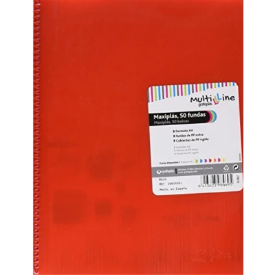 Imagen de Grafoplás Carpeta Espiral con 50 Fundas Transparentes A4 Color Rojo PVC Tapas Polipropileno Gomas de Cierre Maxiplás Multiline