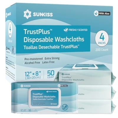 Imagen de SUNKISS Trustplus toallitas húmedas para adultos, extra gruesas de 8 x 12 pulgadas, limpieza corporal con aloe incontinencia y limpieza, aroma fresco, 200 unidades (4 paquetes 50)