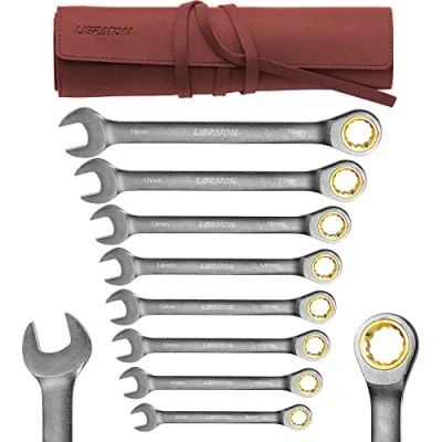 Imagen de LIBRATON juego de llaves trinquete carraca métricas combinadas con Bolsa organizadora cuero, 8 19 mm, acero cromo vanadio, piezas
