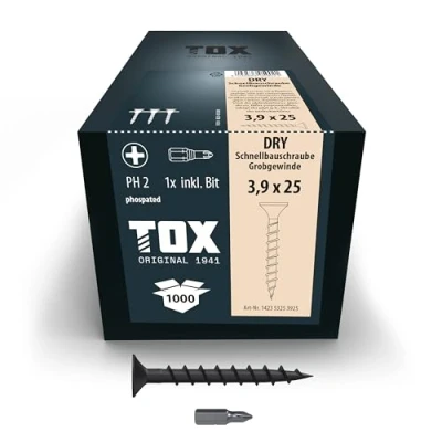 Imagen de TOX Tornillos para cartón yeso DRY GG 3,9 x 25 mm, magazinados montaje rápido con destornillador de cargador, rosca gruesa, sobre subestructura madera, 1000 piezas, 142353253925