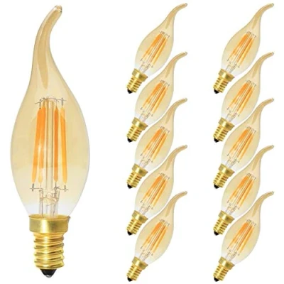 Imagen de Tuoplyh 10X C35 4W Regulable Bombilla Filamento LED 2700K Blanco Cálido 400 Lúmenes Casquillo E14 Forma Flamear Vidrio Dorado Brillo Ajustable 360 Ángulo del Haz