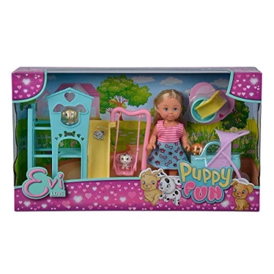 Imagen de Simba Evi Love Puppy Muñeca con Tres Cachorros y un Gran Parque de Juegos para Perros, Columpio, tobogán Cochecito 2 en 1, 12 cm, Adecuado niños a Partir 3 años