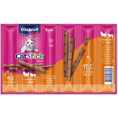 Imagen de Vitakraft Cat Stick Classic Juego de 6 palitos carnosos para Gatos, con Pavo y Cordero, sin azúcar añadido
