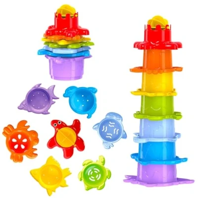 Imagen de Fancy Baby Cubos Apilables 7 Piezas para Bebés 1+, Juguete de Baño y Playa Niños 1 2 3 años, Vasos Bebés, Torres Apilables, Bath Toys