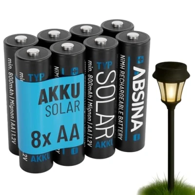 Imagen de ABSINA 8X Bateria Recargable Solar AA 800mAh 1.2V NiMH Pilas Recargables para Luces solares Baterias de Baja autodescarga Baterías Battery