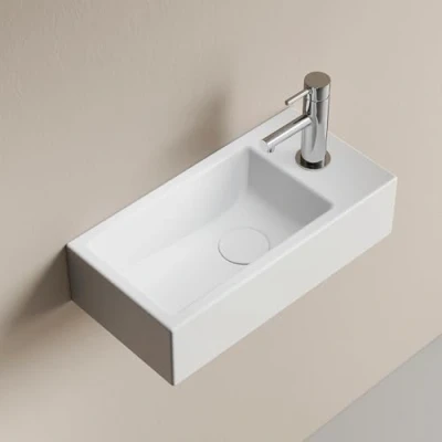 Imagen de EMKE Lavabo colgante 405 x 205 105 mm compacto y elegante para baños pequeños WC invitados Grifo derecho instalación en pared, blanco brillante