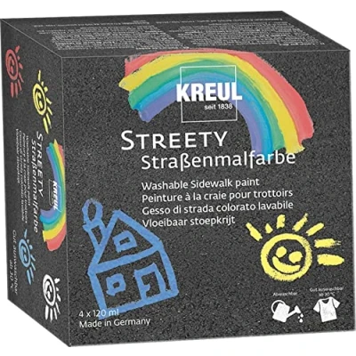 Imagen de KREUL 43100 Set de pintura callejera Streety, 4 colores con 120 ml cada uno, tiza líquida lavable para pintar brocha o rodillo, líquida, vegana